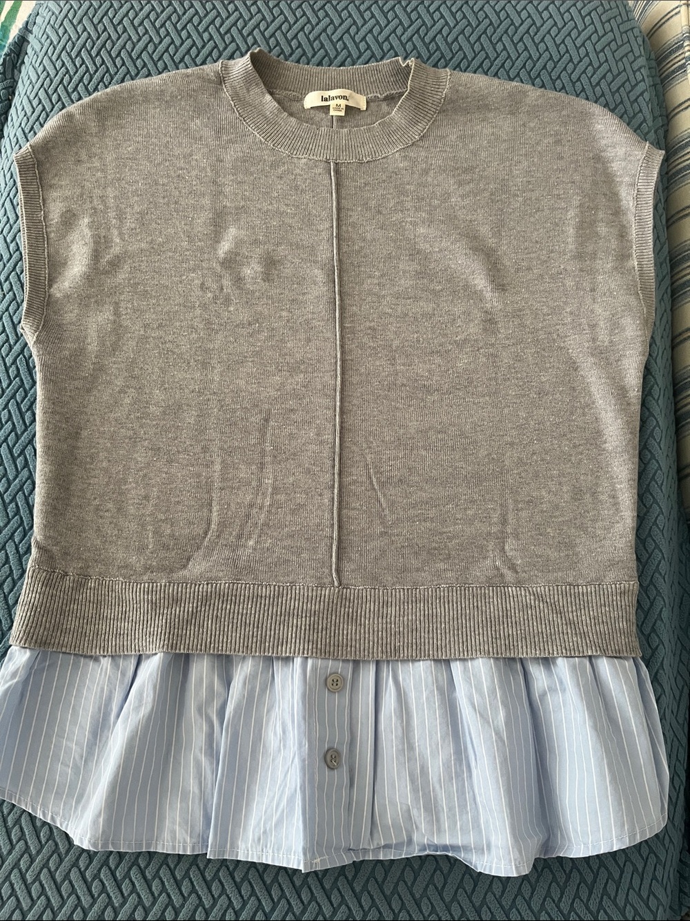 Grey Knit Layered Top with Light Blue Stripe Hem